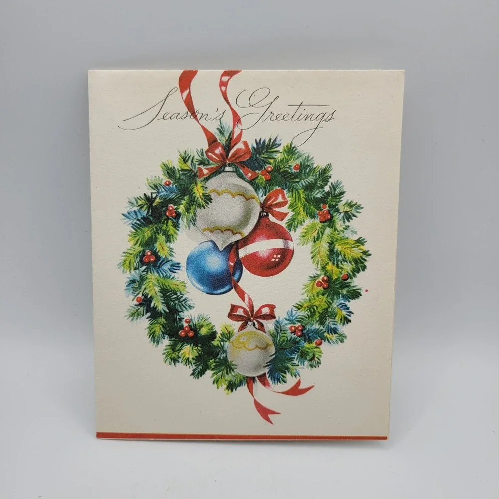 Vintage‎ American Greetings Christmas Card Season's Greetings Ornament Wreath